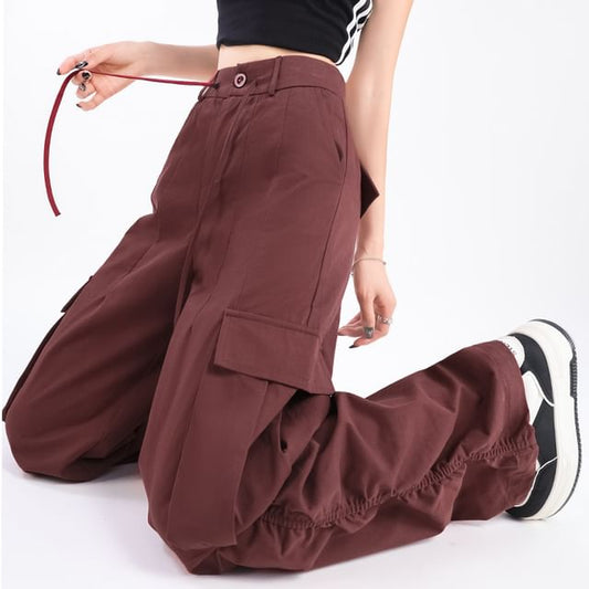 High Rise Plain Wide Leg Cargo Pants
