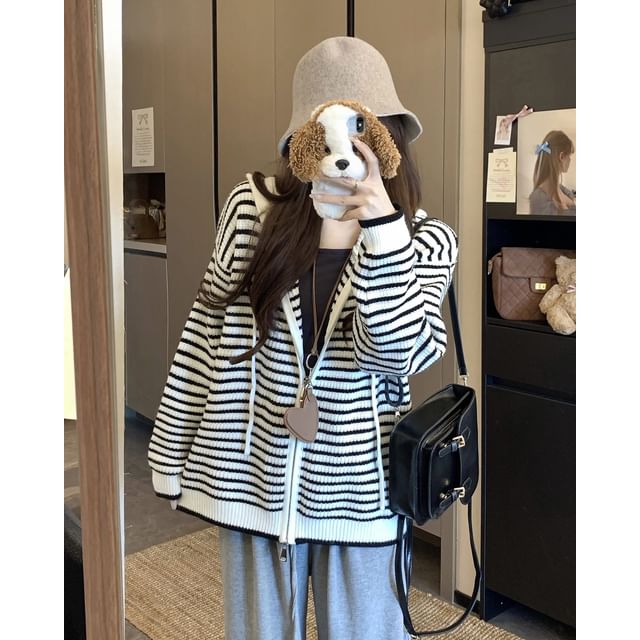Zip-Front Striped Hooded Knit Cardigan