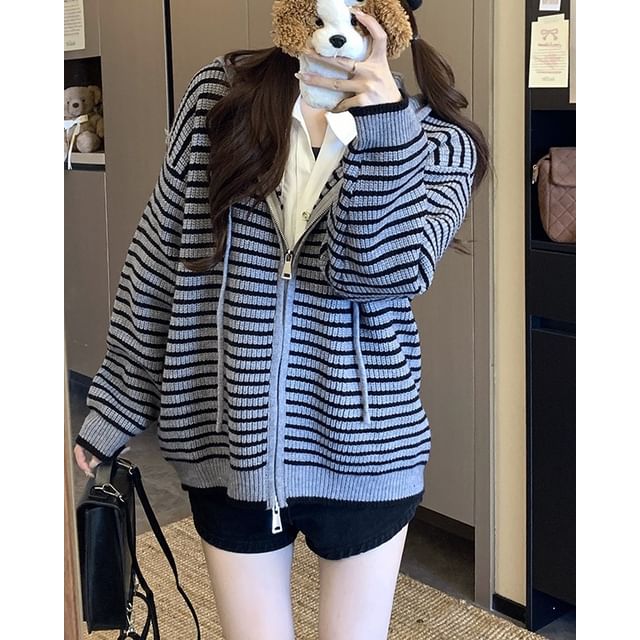 Zip-Front Striped Hooded Knit Cardigan