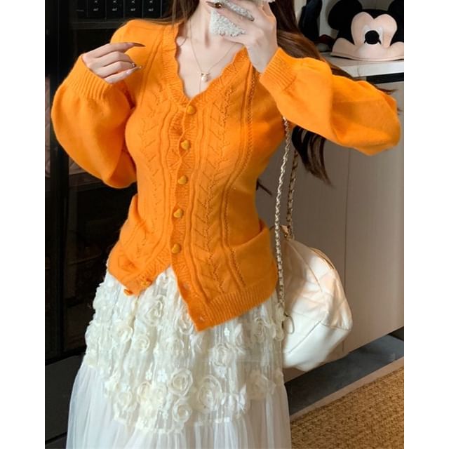 Pointelle Knit V-Neck Cardigan