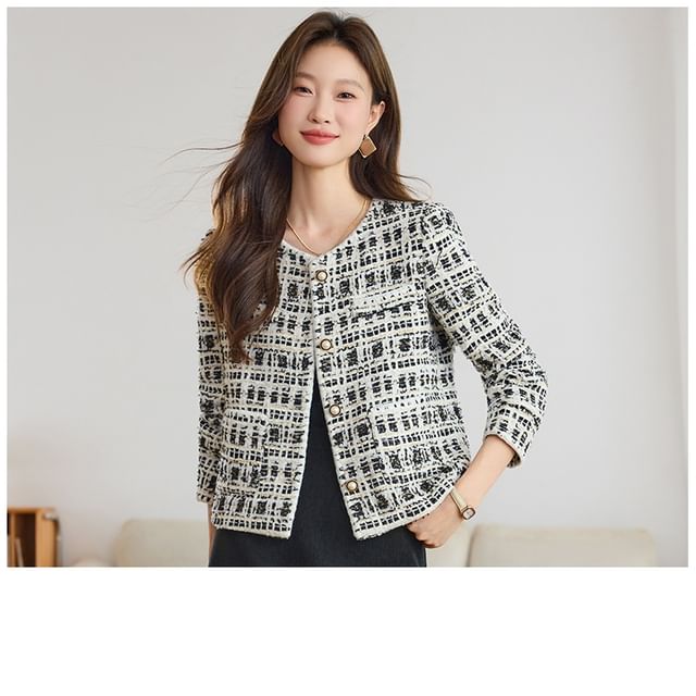 Round Neck Tweed Faux Pearl Button Jacket