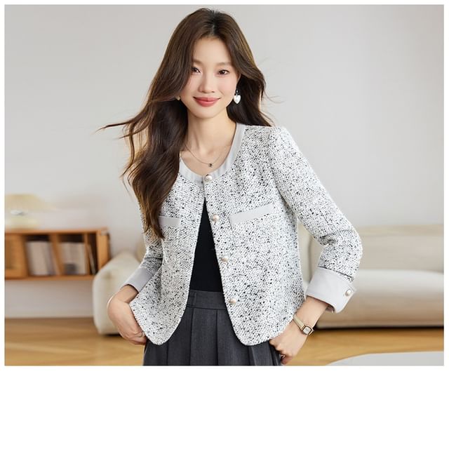 Round Neck Panel Tweed Button Jacket