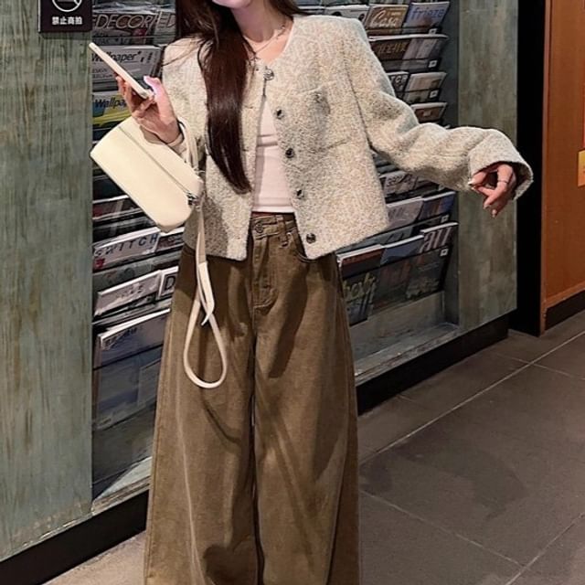 Crew Neck Button-Up Tweed Crop Jacket / High Rise Plain Wide Leg Jeans