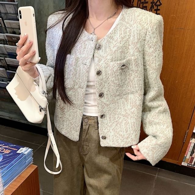 Crew Neck Button-Up Tweed Crop Jacket / High Rise Plain Wide Leg Jeans