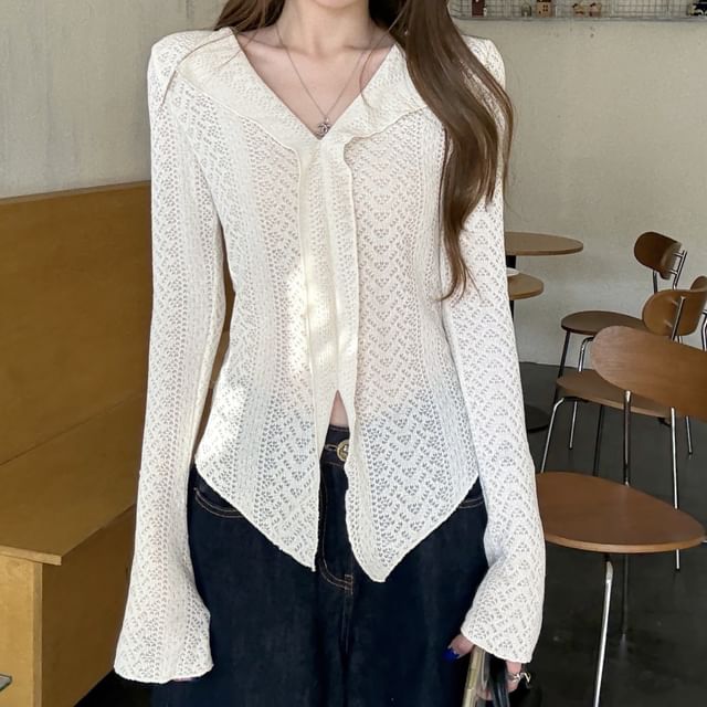 Asymmetric Slit V-Neck Long Sleeve Ribbed Knit Top