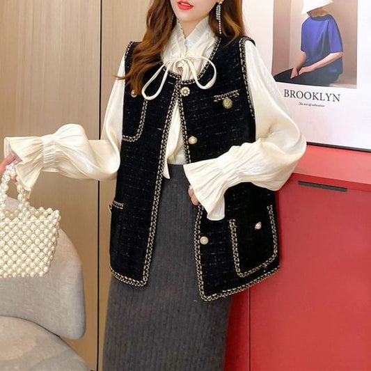 Round Neck Tweed Faux Pearl Button Vest