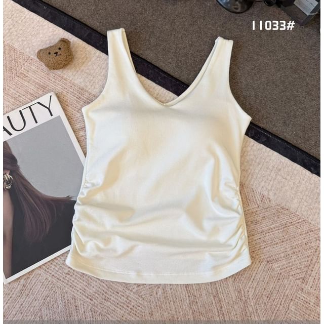 Ruched Padded V-Neck Fitted Sleeveless Tank Top