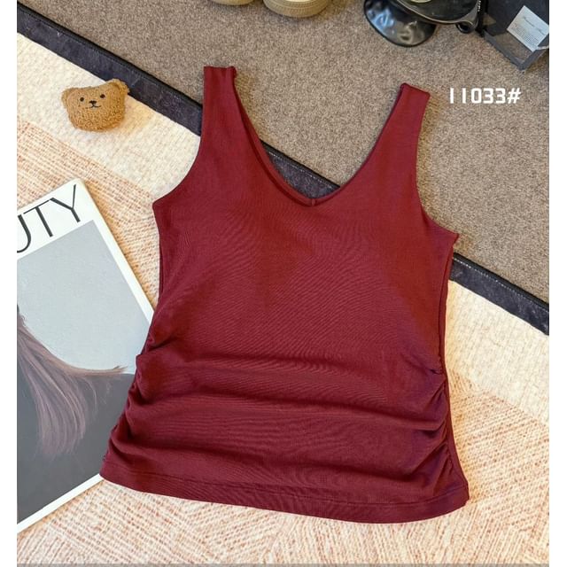 Ruched Padded V-Neck Fitted Sleeveless Tank Top