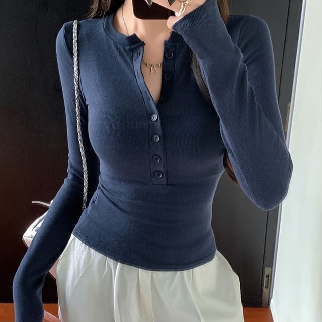Long Sleeve Henley Neck Casual T-Shirt