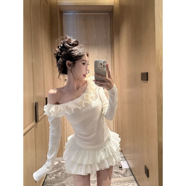 Off-Shoulder Ruffle-Trim Ribbed Knit Long-Sleeve Top