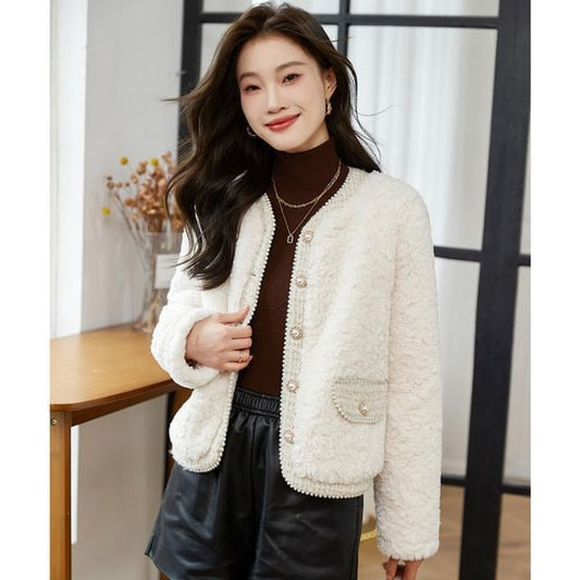 V-Neck Panel Tweed Faux Pearl Button Teddy Jacket