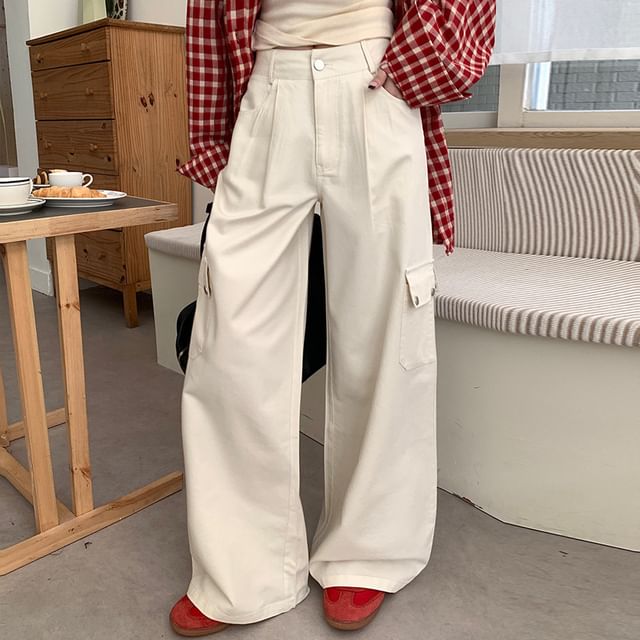 Mid Waist Plain Wide Leg Cargo Pants