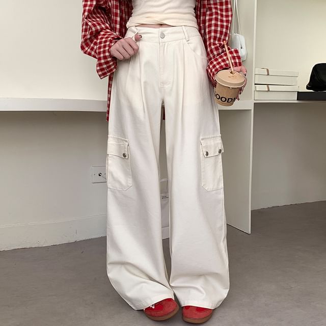 Mid Waist Plain Wide Leg Cargo Pants