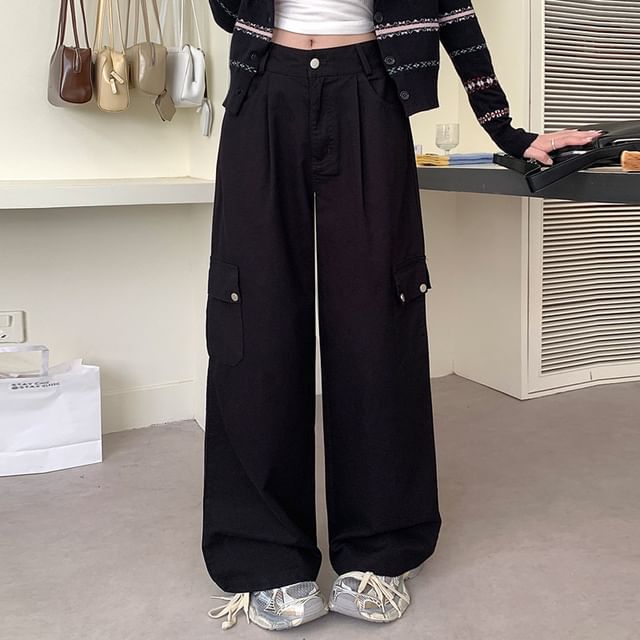 Mid Waist Plain Wide Leg Cargo Pants