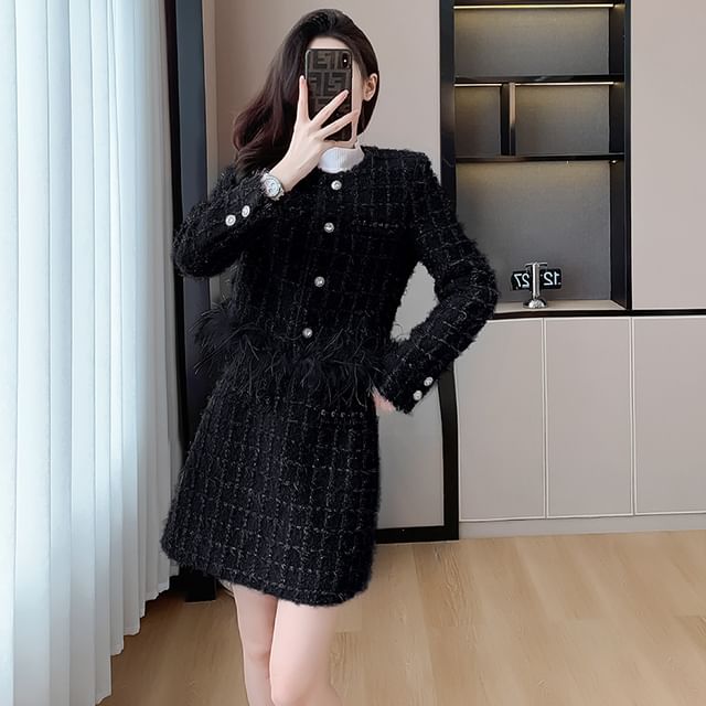 Set: Round Neck Fringed Tweed Button Jacket + High Waist Mini A-Line Skirt