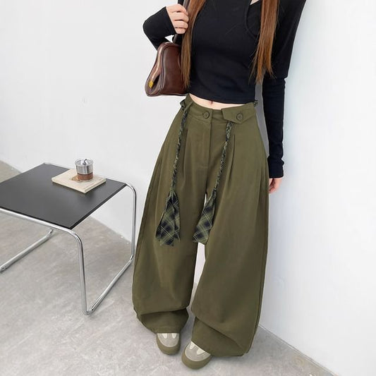 High Waist Plain Loose-Fit Wide-Leg Cargo Pants