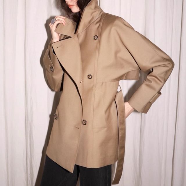 Collar Plain Double-Breasted Trench Coat