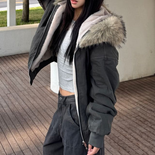 Contrast Stitching Fleece-Lined Fluffy Trim Hooded Zip Jacket