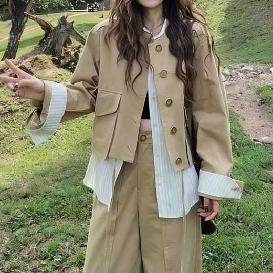 Mock Two-Piece Striped Panel Button Jacket / High Rise Plain Wide Leg Pants