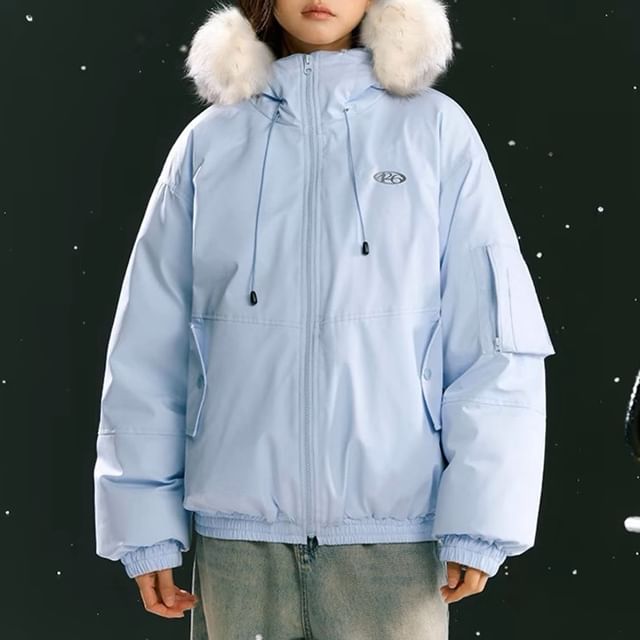 Stand Collar Drawstring Fluffy Trim Padded Zip Jacket