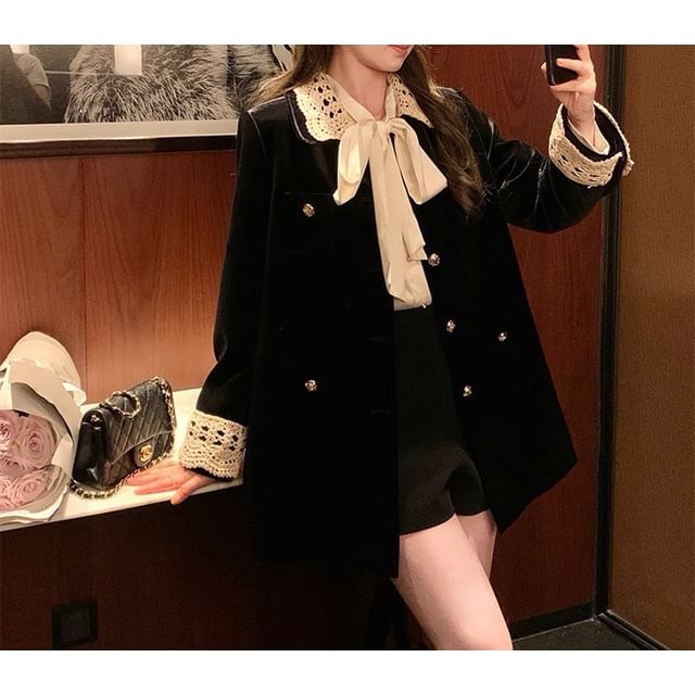 Collar Contrast Lace Trim Single-Breasted Coat