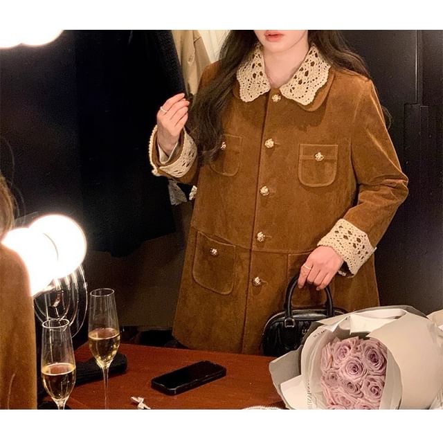 Collar Contrast Lace Trim Single-Breasted Coat