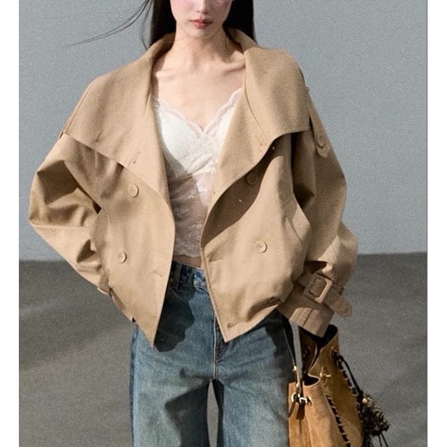 Stand Collar Plain Double-Breasted Trench Jacket