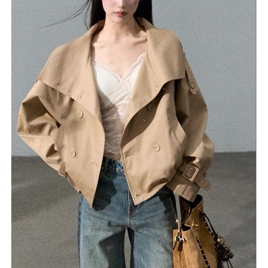 Stand Collar Plain Double-Breasted Trench Jacket