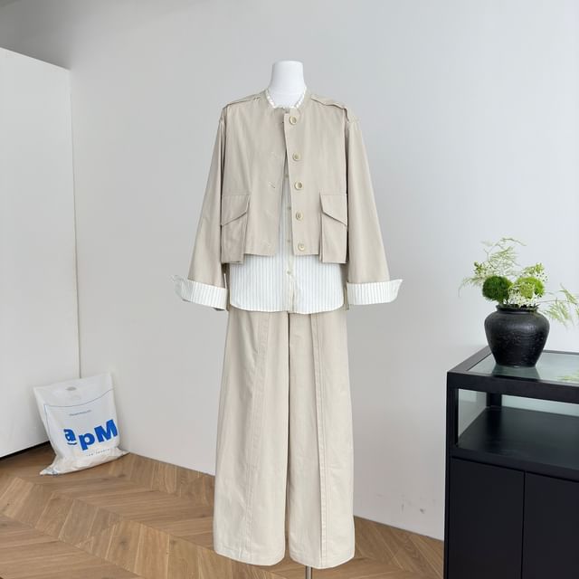 Mock Two-Piece Striped Panel Button Jacket / High Rise Plain Wide Leg Pants