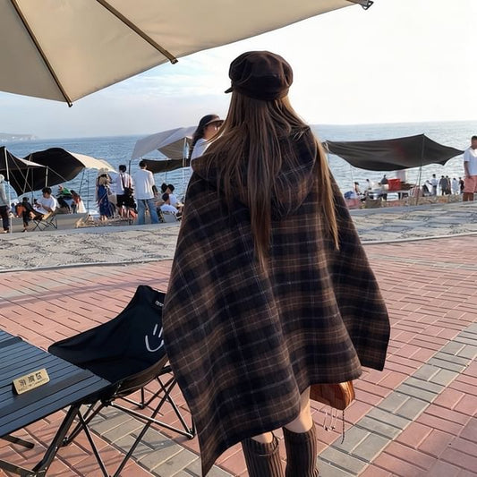 Plaid Reversible Hooded Poncho
