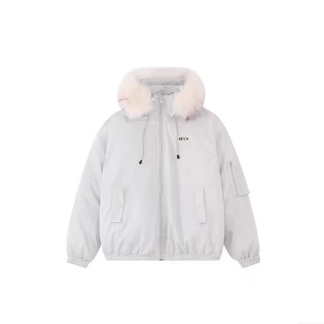 Stand Collar Drawstring Fluffy Trim Padded Zip Jacket