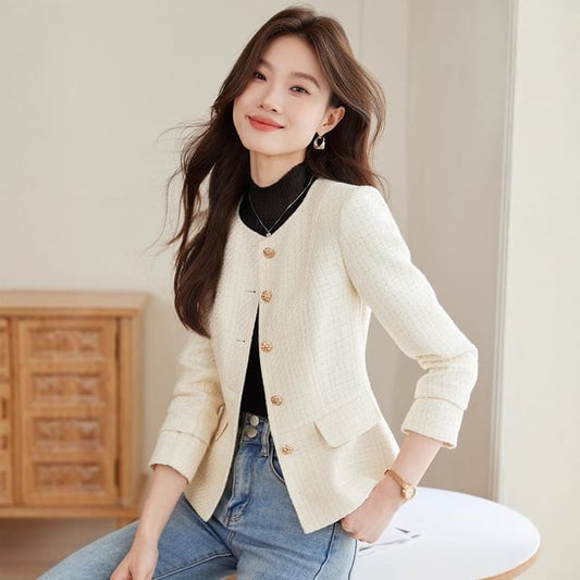 Crew Neck Single-Breasted Plain Tweed Blazer