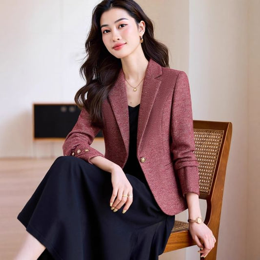 Notch Lapel One-Buttoned Tweed Blazer
