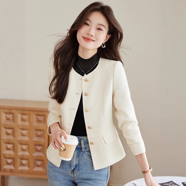 Crew Neck Single-Breasted Plain Tweed Blazer