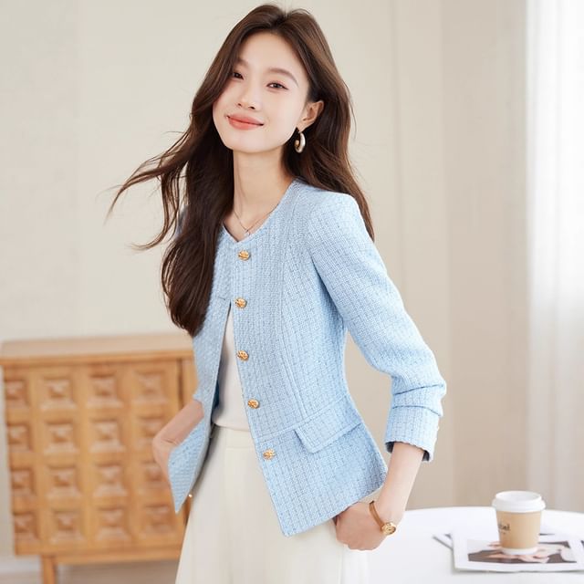 Crew Neck Single-Breasted Plain Tweed Blazer