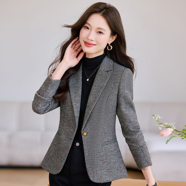 Notch Lapel One-Buttoned Tweed Blazer