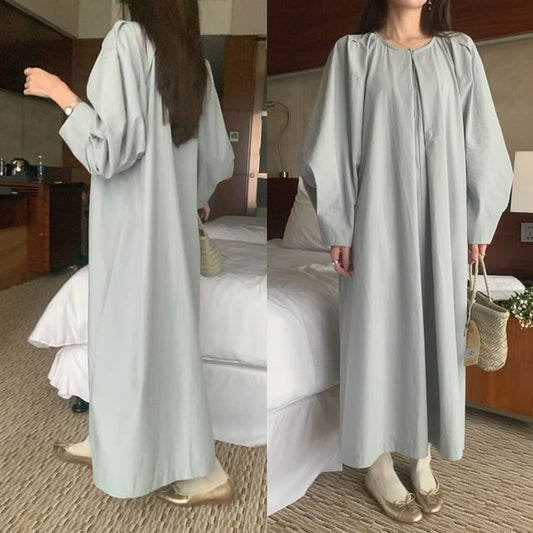 Long-Sleeve Crewneck Plain Maxi A-Line Dress