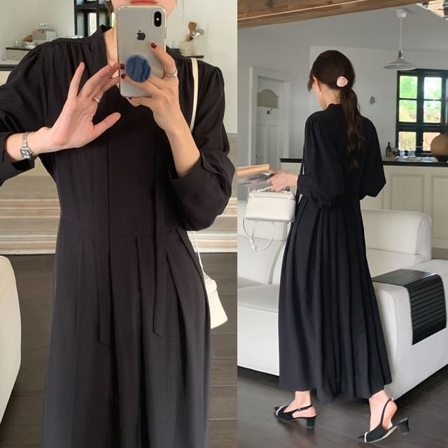 Long-Sleeve V-Neck Plain Maxi A-Line Dress