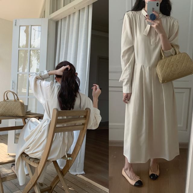 Long-Sleeve V-Neck Plain Maxi A-Line Dress