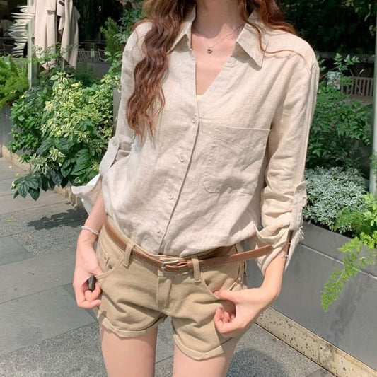 V-Neck Collared Button-Up Blouse, Long Sleeves, Solid Color, Elegant Fit