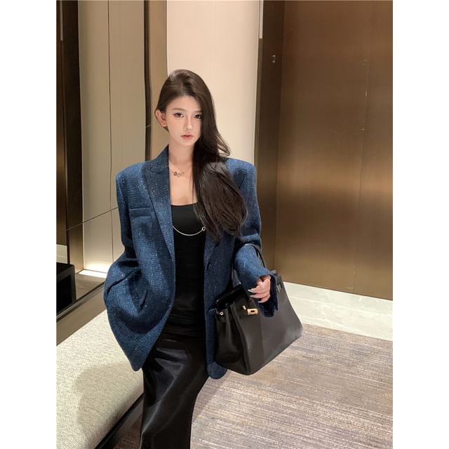 Notch Lapel Tweed Single-Breasted Blazer