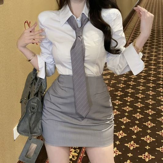 Collared Long Sleeve Solid Neck Tie Shirt & High Waist Solid Mini Pencil Skirt