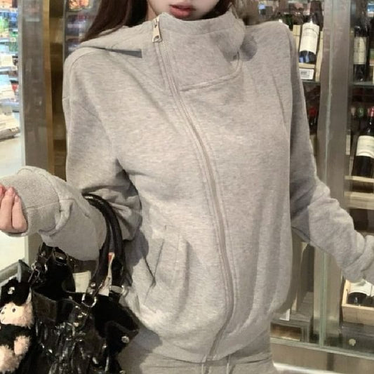 Solid Asymmetric Zip-Up Hooded Sweatshirt