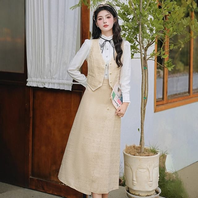 Long Sleeve Stand Collar Floral Embroidered Bow Frill Blouse / V-Neck Tweed Button Vest / High Rise Midi A-Line Skirt / Set