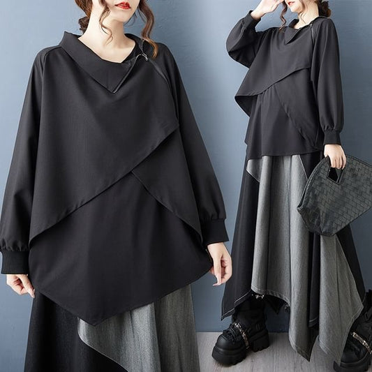 Asymmetric Zip Accent Long Sleeve Blouse & High Waist Paneled Midi A-Line Skirt
