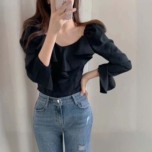 V-Neck Long-Sleeve Plain Ruffle-Trim Blouse