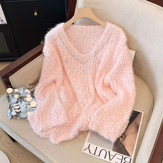 V-Neck Rhinestone-Embellished Sweater