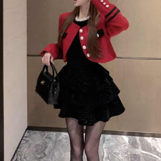 Tweed Button-Up Jacket / Long-Sleeve Sequined Ruffled Mini A-Line Layered Velvet Dress
