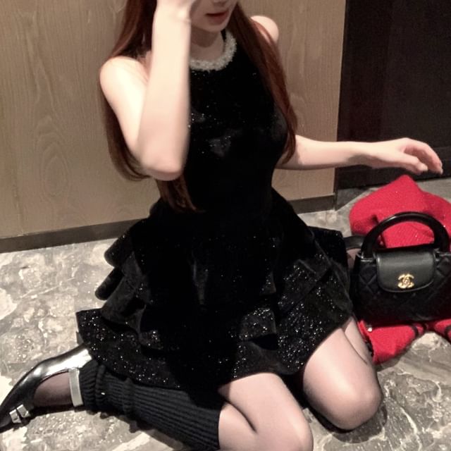 Tweed Button-Up Jacket / Long-Sleeve Sequined Ruffled Mini A-Line Layered Velvet Dress