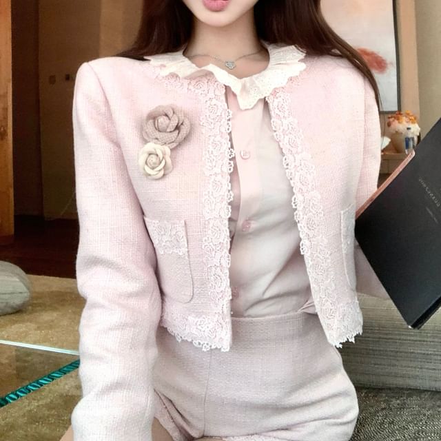 Long-Sleeve Ruffle Collar Button-Up Blouse / High Waist Tweed Shorts / Lace-Trim Jacket / Floral Brooch / Set